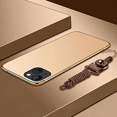 Luxury Metal Frame and Plastic Back Cover Case with Lanyard for Apple iPhone 14 Gold