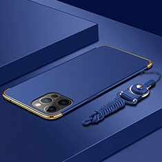 Luxury Metal Frame and Plastic Back Cover Case with Lanyard for Apple iPhone 14 Pro Max Blue