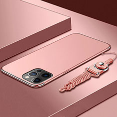 Luxury Metal Frame and Plastic Back Cover Case with Lanyard for Apple iPhone 14 Pro Rose Gold