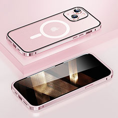 Luxury Metal Frame and Plastic Back Cover Case with Mag-Safe Magnetic LF1 for Apple iPhone 15 Plus Rose Gold