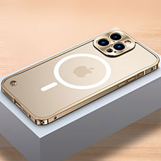 Luxury Metal Frame and Plastic Back Cover Case with Mag-Safe Magnetic QC1 for Apple iPhone 15 Pro Max Gold