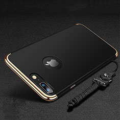 Luxury Metal Frame and Plastic Back Cover with Finger Ring Stand and Lanyard for Apple iPhone 8 Plus Black