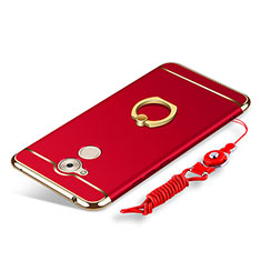 Luxury Metal Frame and Plastic Back Cover with Finger Ring Stand and Lanyard for Huawei Enjoy 6S Red