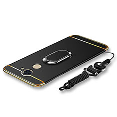 Luxury Metal Frame and Plastic Back Cover with Finger Ring Stand and Lanyard for Huawei Enjoy 7 Plus Black