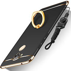 Luxury Metal Frame and Plastic Back Cover with Finger Ring Stand and Lanyard for Huawei Honor 6A Black