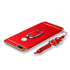 Luxury Metal Frame and Plastic Back Cover with Finger Ring Stand and Lanyard for Huawei Honor 7C Red