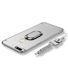 Luxury Metal Frame and Plastic Back Cover with Finger Ring Stand and Lanyard for Huawei Honor 7C Silver