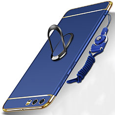 Luxury Metal Frame and Plastic Back Cover with Finger Ring Stand and Lanyard for Huawei Honor 9 Blue