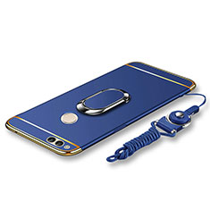 Luxury Metal Frame and Plastic Back Cover with Finger Ring Stand and Lanyard for Huawei Honor Play 7X Blue