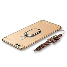 Luxury Metal Frame and Plastic Back Cover with Finger Ring Stand and Lanyard for Huawei Honor Play 7X Gold