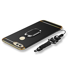 Luxury Metal Frame and Plastic Back Cover with Finger Ring Stand and Lanyard for Huawei Nova 2 Black