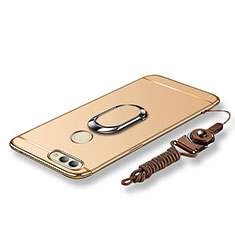 Luxury Metal Frame and Plastic Back Cover with Finger Ring Stand and Lanyard for Huawei Nova 2 Gold