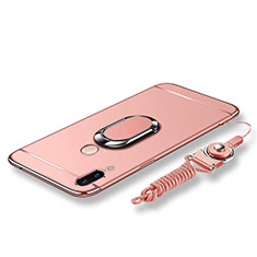 Luxury Metal Frame and Plastic Back Cover with Finger Ring Stand and Lanyard for Huawei P20 Lite Rose Gold