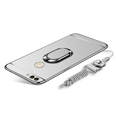 Luxury Metal Frame and Plastic Back Cover with Finger Ring Stand and Lanyard for Huawei Y9 (2018) Silver