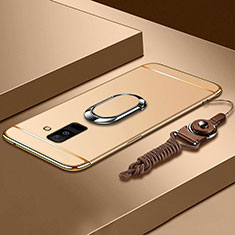 Luxury Metal Frame and Plastic Back Cover with Finger Ring Stand and Lanyard for Samsung Galaxy A6 Plus (2018) Gold