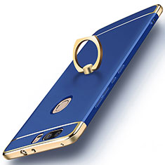 Luxury Metal Frame and Plastic Back Cover with Finger Ring Stand for Huawei Honor V8 Blue