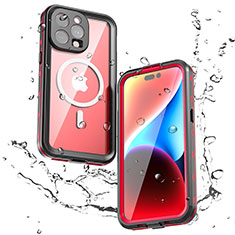 Silicone and Plastic Waterproof Cover Case 360 Degrees Underwater Shell with Mag-Safe Magnetic for Apple iPhone 15 Pro Max Red