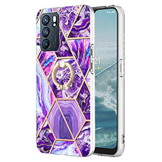 Silicone Candy Rubber Gel Fashionable Pattern Soft Case Cover with Finger Ring Stand Y01B for Oppo Reno6 5G Purple