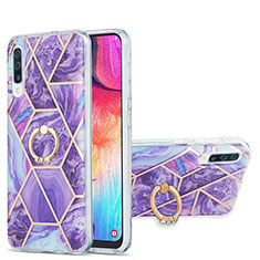 Silicone Candy Rubber Gel Fashionable Pattern Soft Case Cover with Finger Ring Stand Y01B for Samsung Galaxy A50S Purple