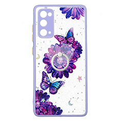 Silicone Candy Rubber Gel Fashionable Pattern Soft Case Cover with Finger Ring Stand Y01X for Samsung Galaxy S20 FE 4G Purple