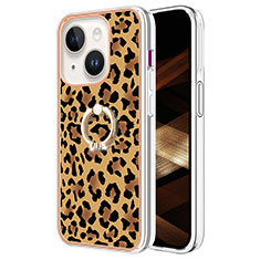 Silicone Candy Rubber Gel Fashionable Pattern Soft Case Cover with Finger Ring Stand Y02B for Apple iPhone 15 Brown