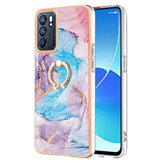 Silicone Candy Rubber Gel Fashionable Pattern Soft Case Cover with Finger Ring Stand Y03B for Oppo Reno6 5G Blue