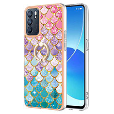 Silicone Candy Rubber Gel Fashionable Pattern Soft Case Cover with Finger Ring Stand Y03B for Oppo Reno6 5G Colorful