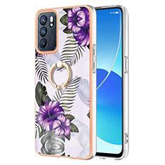 Silicone Candy Rubber Gel Fashionable Pattern Soft Case Cover with Finger Ring Stand Y03B for Oppo Reno6 5G Purple