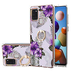 Silicone Candy Rubber Gel Fashionable Pattern Soft Case Cover with Finger Ring Stand Y03B for Samsung Galaxy A21s Purple