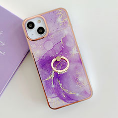 Silicone Candy Rubber Gel Fashionable Pattern Soft Case Cover with Finger Ring Stand Y05B for Apple iPhone 15 Purple