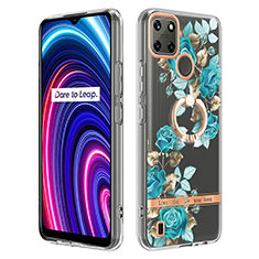 Silicone Candy Rubber Gel Fashionable Pattern Soft Case Cover with Finger Ring Stand Y06B for Realme C25Y India Cyan