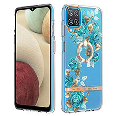 Silicone Candy Rubber Gel Fashionable Pattern Soft Case Cover with Finger Ring Stand Y06B for Samsung Galaxy A12 Nacho Cyan