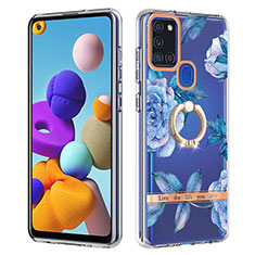 Silicone Candy Rubber Gel Fashionable Pattern Soft Case Cover with Finger Ring Stand Y06B for Samsung Galaxy A21s Blue