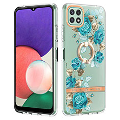 Silicone Candy Rubber Gel Fashionable Pattern Soft Case Cover with Finger Ring Stand Y06B for Samsung Galaxy F42 5G Cyan