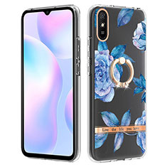 Silicone Candy Rubber Gel Fashionable Pattern Soft Case Cover with Finger Ring Stand Y06B for Xiaomi Redmi 9AT Blue