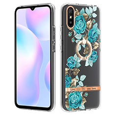 Silicone Candy Rubber Gel Fashionable Pattern Soft Case Cover with Finger Ring Stand Y06B for Xiaomi Redmi 9i Cyan