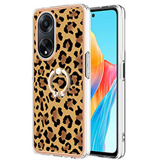 Silicone Candy Rubber Gel Fashionable Pattern Soft Case Cover with Finger Ring Stand YB2 for Oppo A98 5G Brown