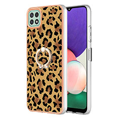 Silicone Candy Rubber Gel Fashionable Pattern Soft Case Cover with Finger Ring Stand YB2 for Samsung Galaxy A22 5G Brown