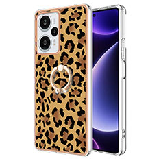 Silicone Candy Rubber Gel Fashionable Pattern Soft Case Cover with Finger Ring Stand YB2 for Xiaomi Redmi Note 12 Turbo 5G Brown