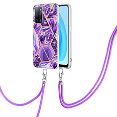 Silicone Candy Rubber Gel Fashionable Pattern Soft Case Cover with Lanyard Strap Y01B for Oppo A55 5G Purple