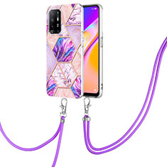 Silicone Candy Rubber Gel Fashionable Pattern Soft Case Cover with Lanyard Strap Y01B for Oppo A94 5G Clove Purple