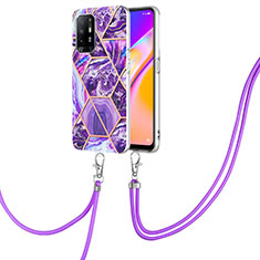 Silicone Candy Rubber Gel Fashionable Pattern Soft Case Cover with Lanyard Strap Y01B for Oppo A94 5G Purple