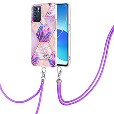 Silicone Candy Rubber Gel Fashionable Pattern Soft Case Cover with Lanyard Strap Y01B for Oppo Reno6 5G Clove Purple