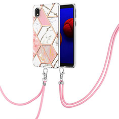 Silicone Candy Rubber Gel Fashionable Pattern Soft Case Cover with Lanyard Strap Y01B for Samsung Galaxy A01 Core Pink
