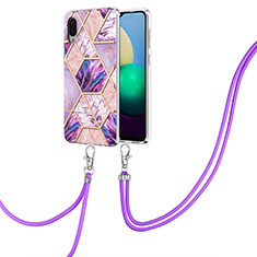 Silicone Candy Rubber Gel Fashionable Pattern Soft Case Cover with Lanyard Strap Y01B for Samsung Galaxy A02 Clove Purple