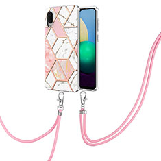Silicone Candy Rubber Gel Fashionable Pattern Soft Case Cover with Lanyard Strap Y01B for Samsung Galaxy A02 Pink