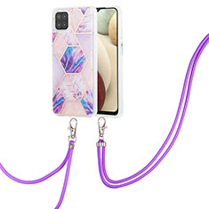 Silicone Candy Rubber Gel Fashionable Pattern Soft Case Cover with Lanyard Strap Y01B for Samsung Galaxy A12 5G Clove Purple