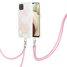 Silicone Candy Rubber Gel Fashionable Pattern Soft Case Cover with Lanyard Strap Y01B for Samsung Galaxy A12 5G Pink