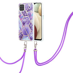 Silicone Candy Rubber Gel Fashionable Pattern Soft Case Cover with Lanyard Strap Y01B for Samsung Galaxy A12 5G Purple