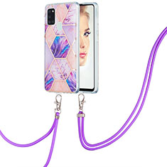 Silicone Candy Rubber Gel Fashionable Pattern Soft Case Cover with Lanyard Strap Y01B for Samsung Galaxy A21s Clove Purple